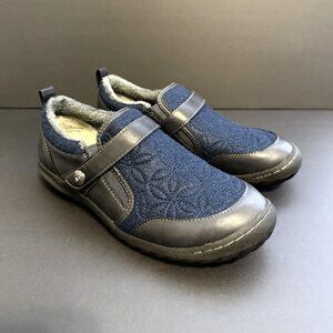 JBU Tide Women's Slip On Shoes 8W Blue, Leather Accents, Memory Foam, Faux Fur